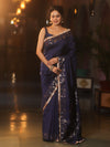 Banarasee Handwoven Semi Silk Plain Saree With Zari Border & Lace-Blue