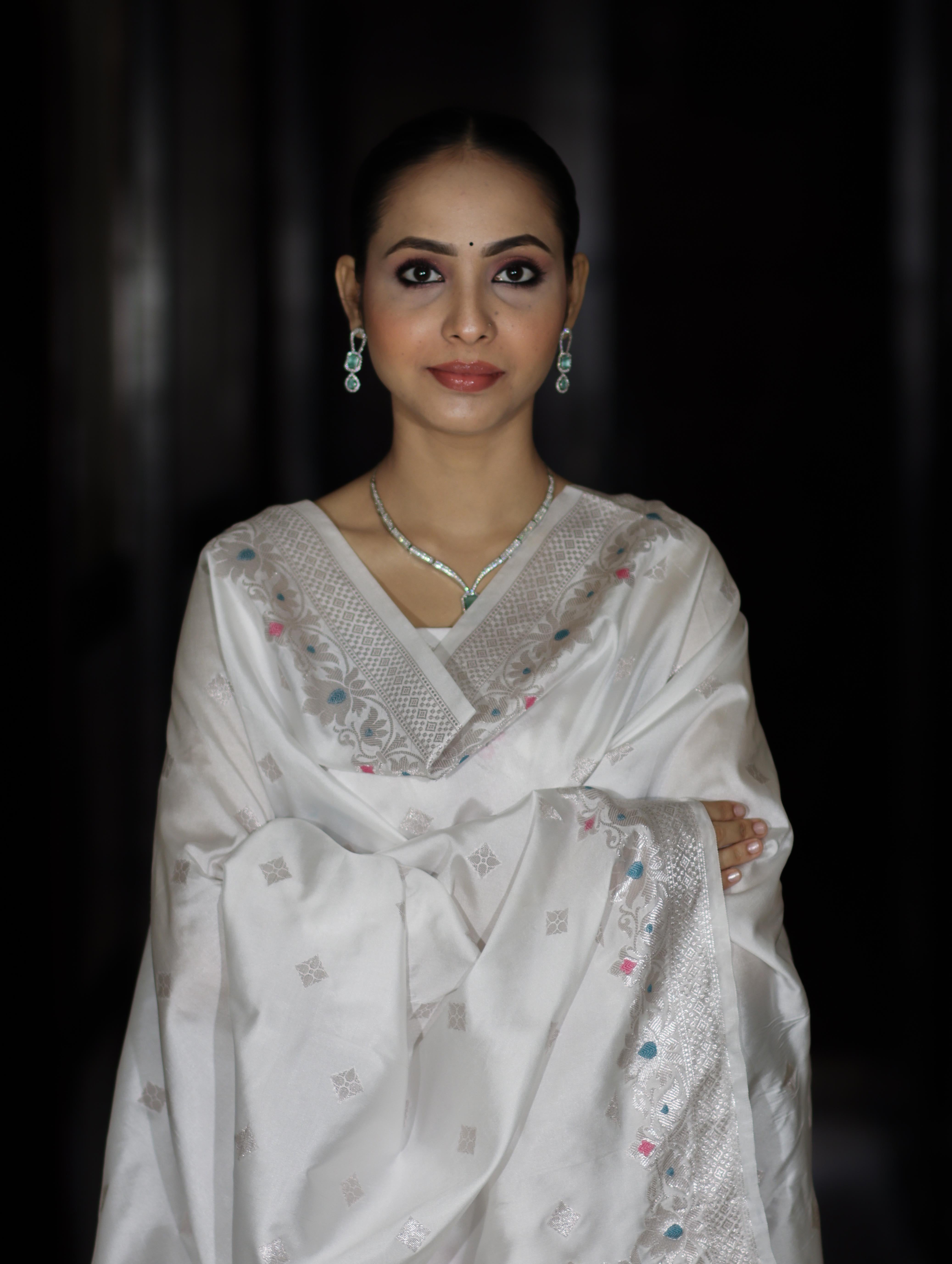 Banarasee Semi-Silk Silver Zari Work Salwar Kameez Fabric With Dupatta Set-White