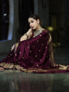 Banarasee Mashru Silk Saree With Zari Embroidery & Floral Border-Wine