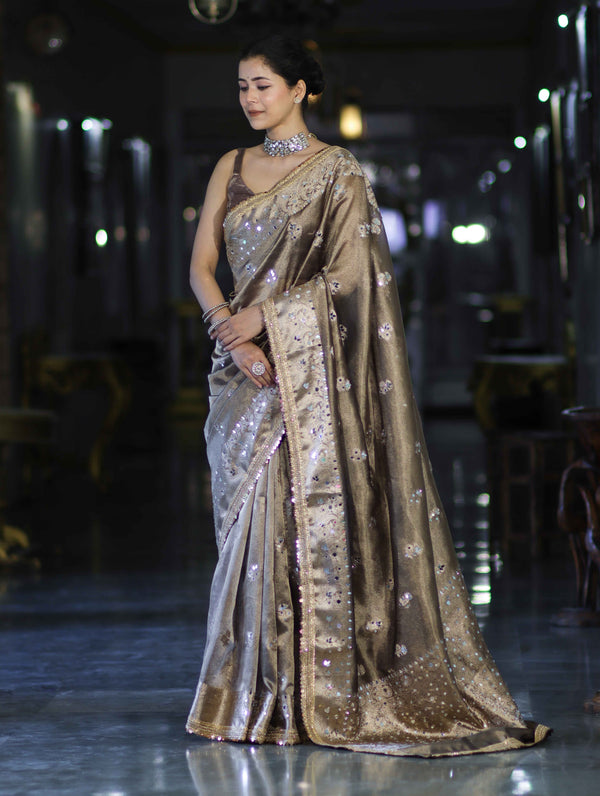 Banarasee Handwoven Tissue Zari Woven Mirror Work Saree-Earthy Brown