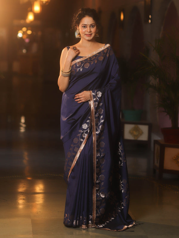 Banarasee Handwoven Semi Silk Plain Saree With Zari Border & Lace-Blue