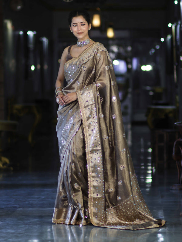 Banarasee Handwoven Tissue Zari Woven Mirror Work Saree-Earthy Brown