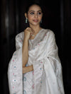 Banarasee Semi-Silk Silver Zari Work Salwar Kameez Fabric With Dupatta Set-White