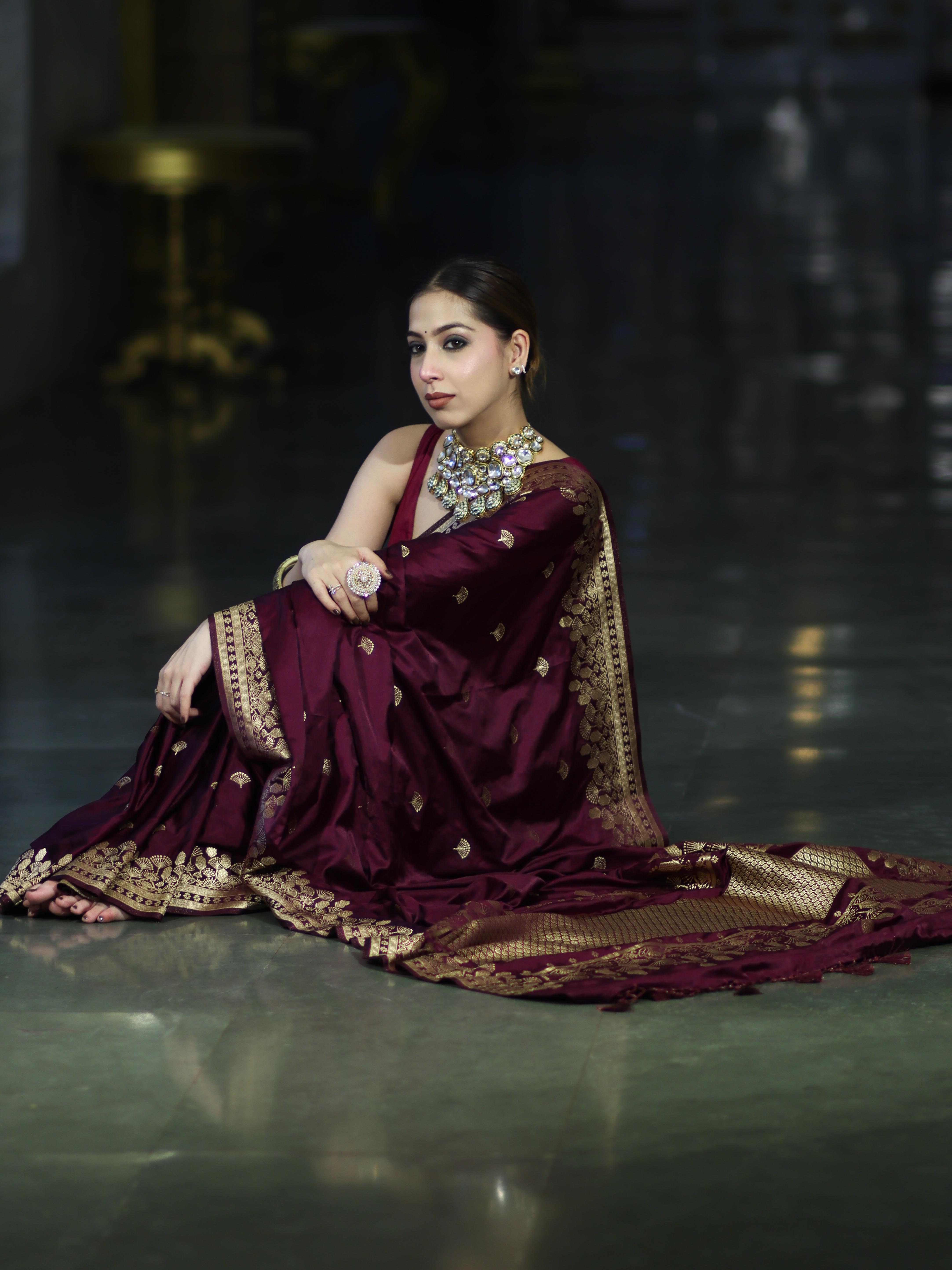 Banarasee Mashru Silk Saree With Zari Embroidery & Floral Border-Wine