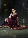 Banarasee Mashru Silk Saree With Zari Embroidery & Floral Border-Wine