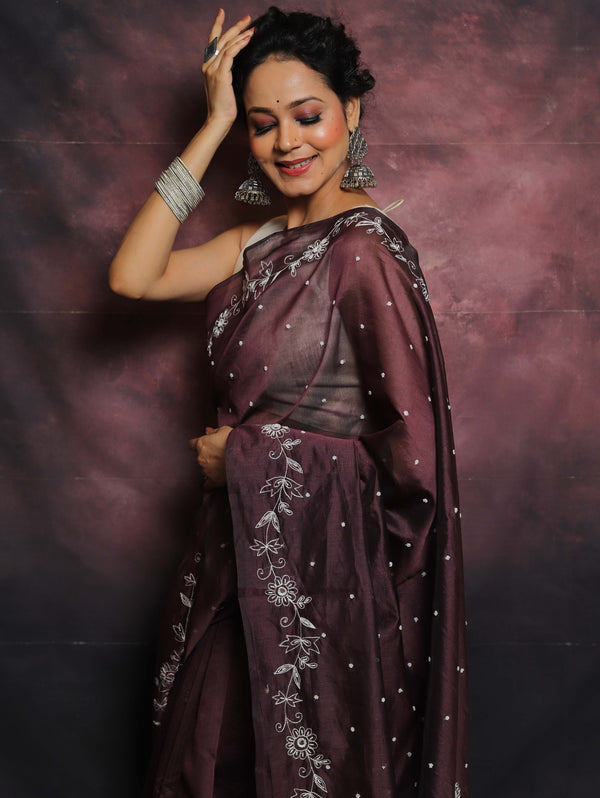 Banarasee Chanderi Cotton Hand-Embroidered Saree-Wine