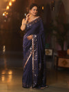 Banarasee Handwoven Semi Silk Plain Saree With Zari Border & Lace-Blue