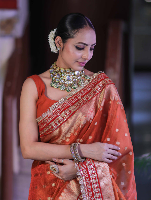 Banarasee Handloom Tissue (Saubhagyavati Bhava) Lace Saree With Buti Design Border & Lace-Rust