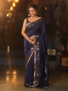 Banarasee Handwoven Semi Silk Plain Saree With Zari Border & Lace-Blue