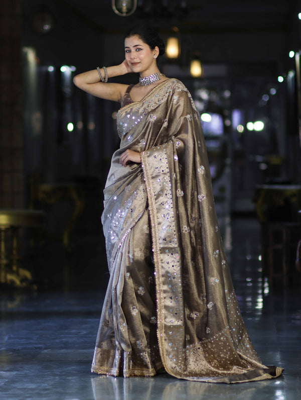 Banarasee Handwoven Tissue Zari Woven Mirror Work Saree-Earthy Brown
