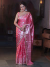 Banarasee Handwoven Semi Silk Saree With Silver Zari Jaal Design & Lace-Pink