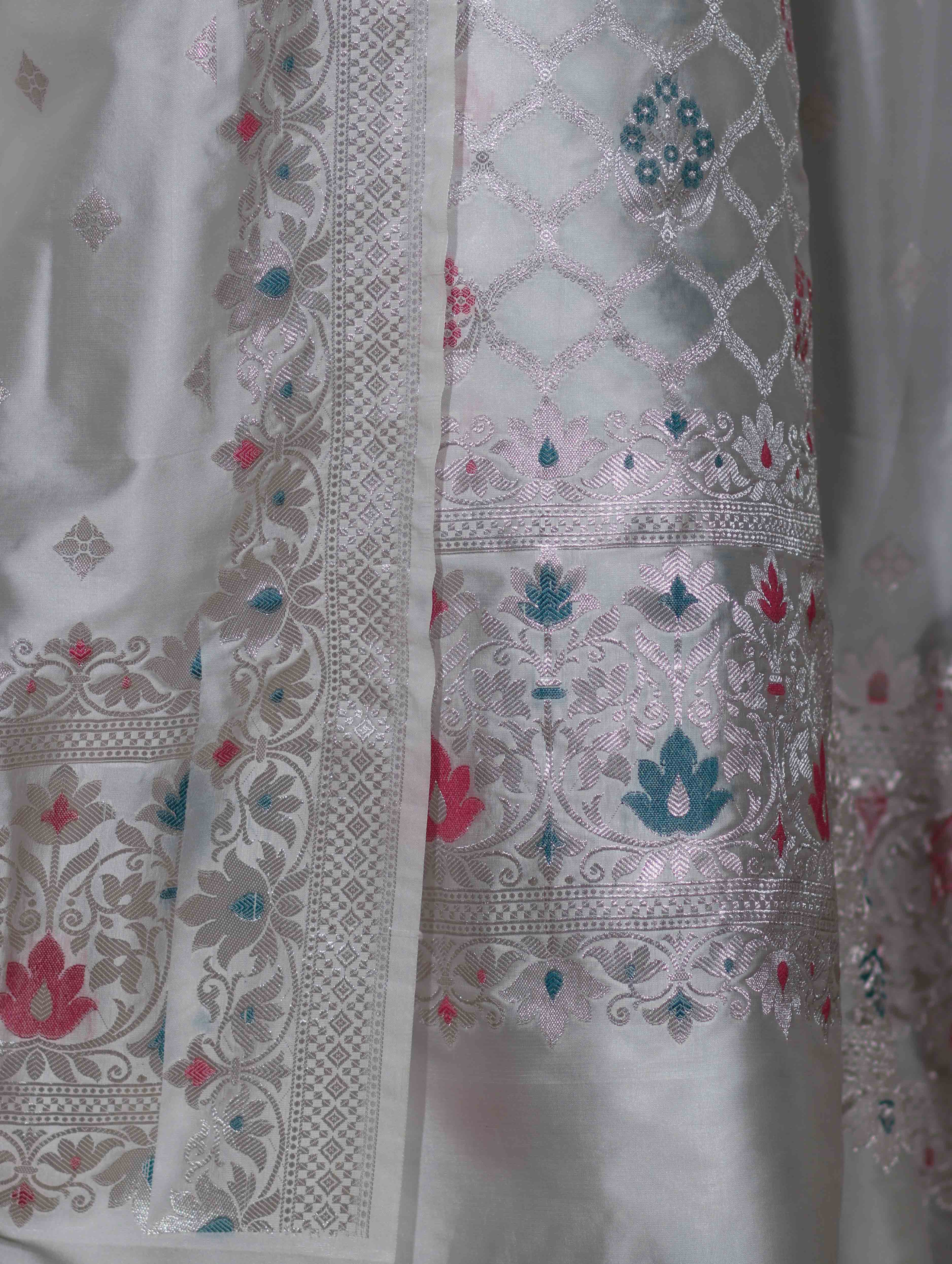 Banarasee Semi-Silk Silver Zari Work Salwar Kameez Fabric With Dupatta Set-White