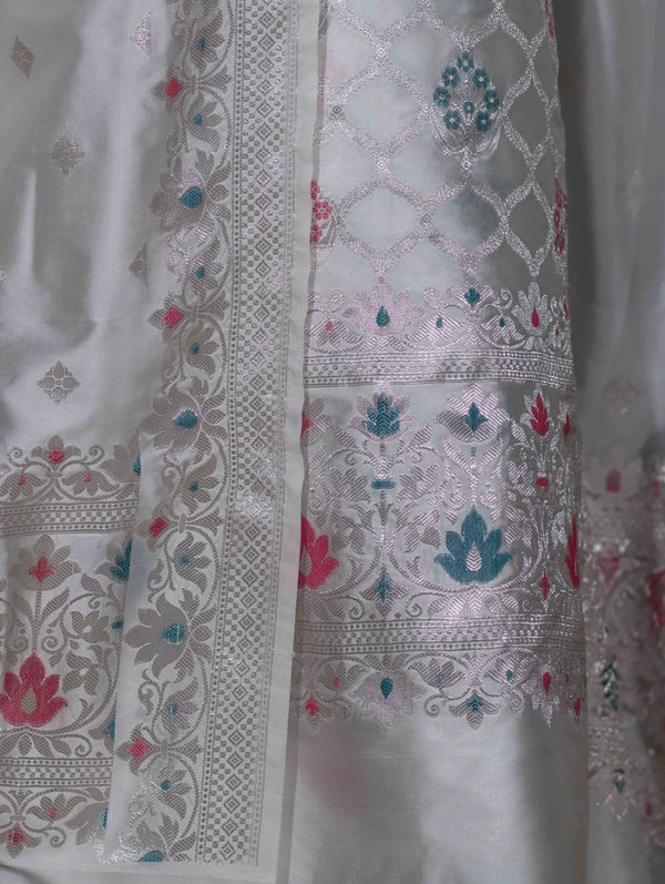 Banarasee Semi-Silk Silver Zari Work Salwar Kameez Fabric With Dupatta Set-White