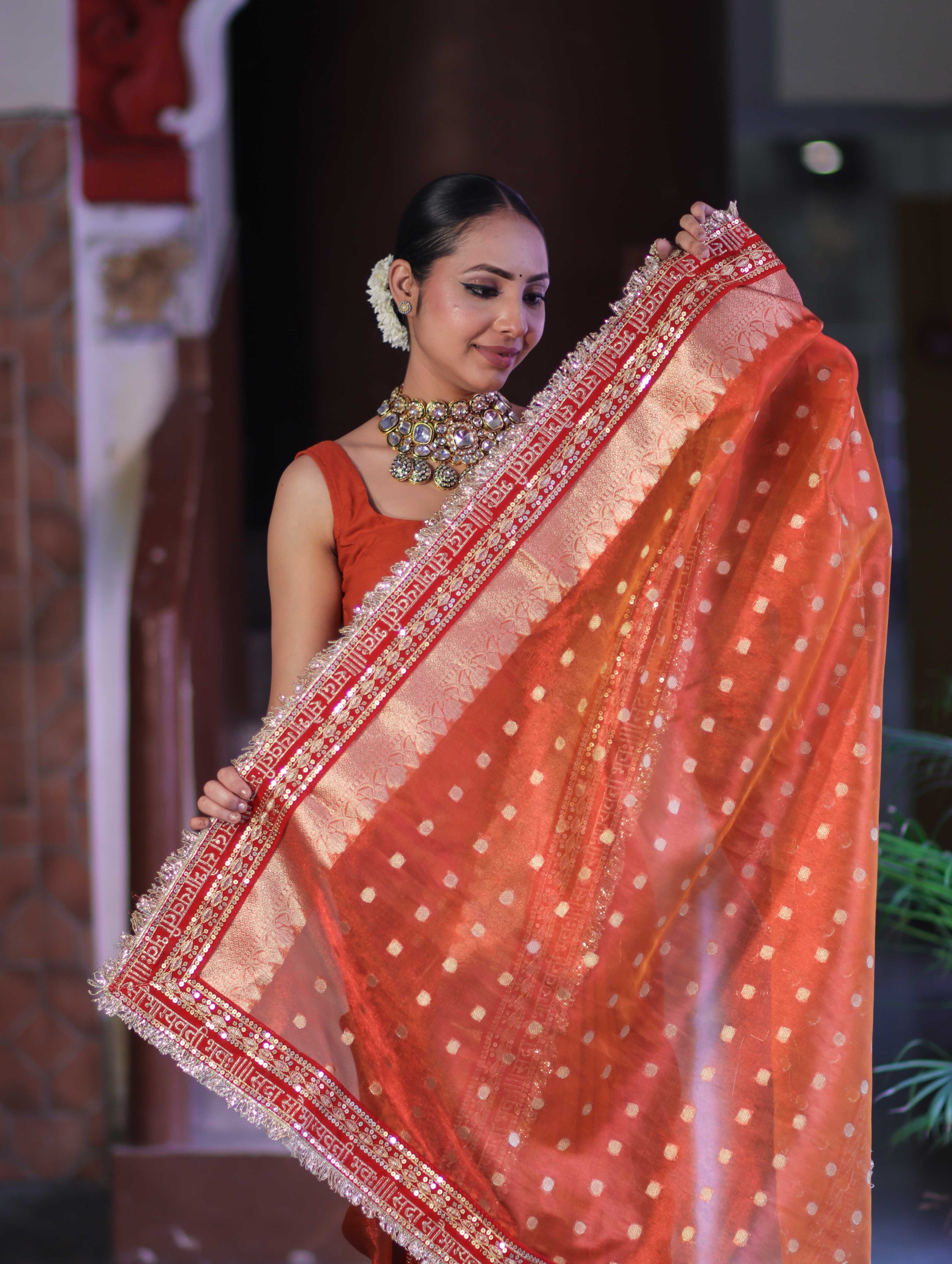 Banarasee Handloom Tissue (Saubhagyavati Bhava) Lace Saree With Buti Design Border & Lace-Rust