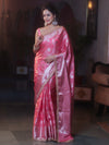 Banarasee Handwoven Semi Silk Saree With Silver Zari Jaal Design & Lace-Pink