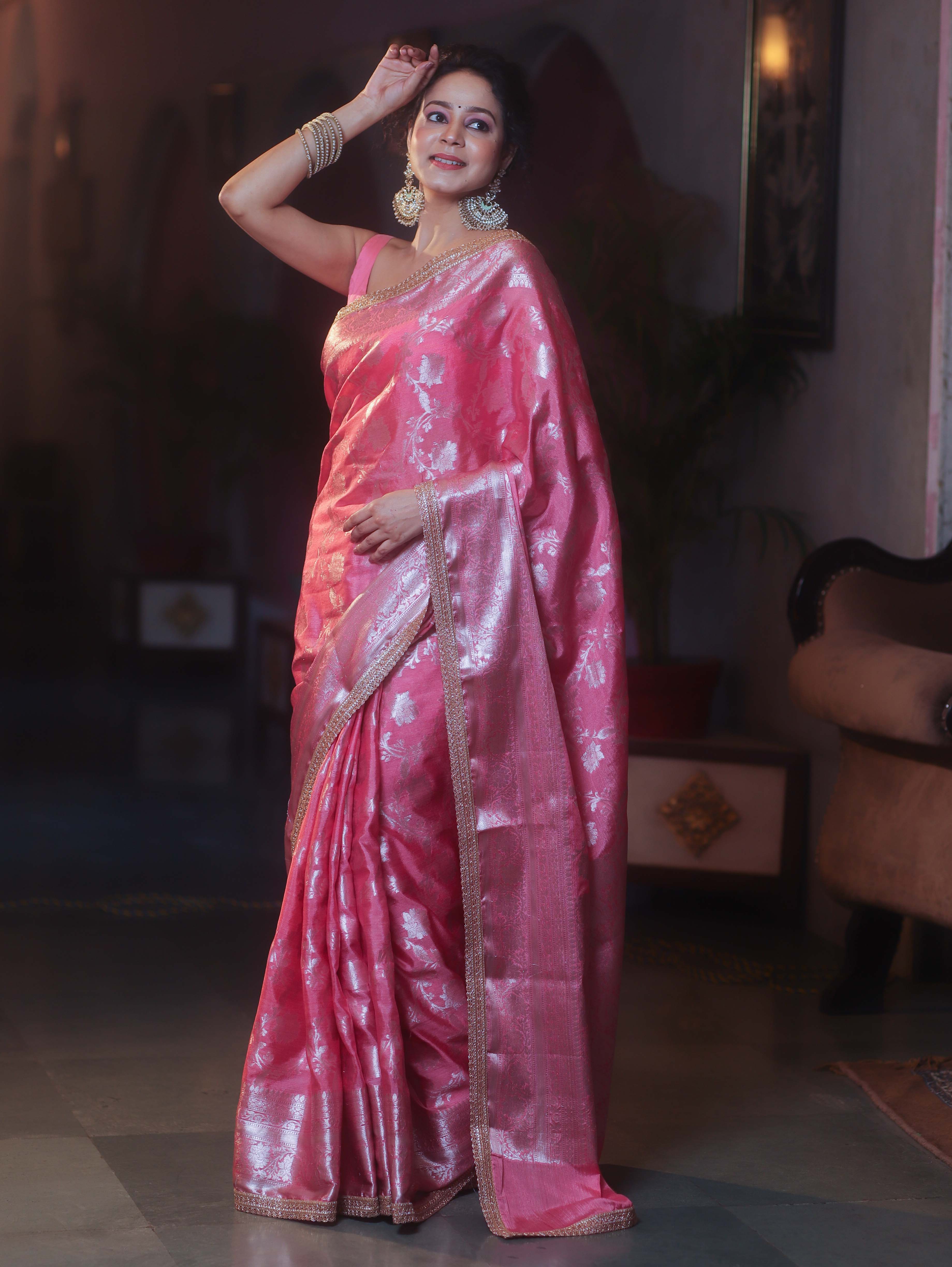 Banarasee Handwoven Semi Silk Saree With Silver Zari Jaal Design & Lace-Pink