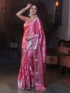 Banarasee Handwoven Semi Silk Saree With Silver Zari Jaal Design & Lace-Pink