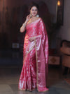 Banarasee Handwoven Semi Silk Saree With Silver Zari Jaal Design & Lace-Pink