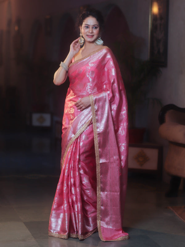 Banarasee Handwoven Semi Silk Saree With Silver Zari Jaal Design & Lace-Pink