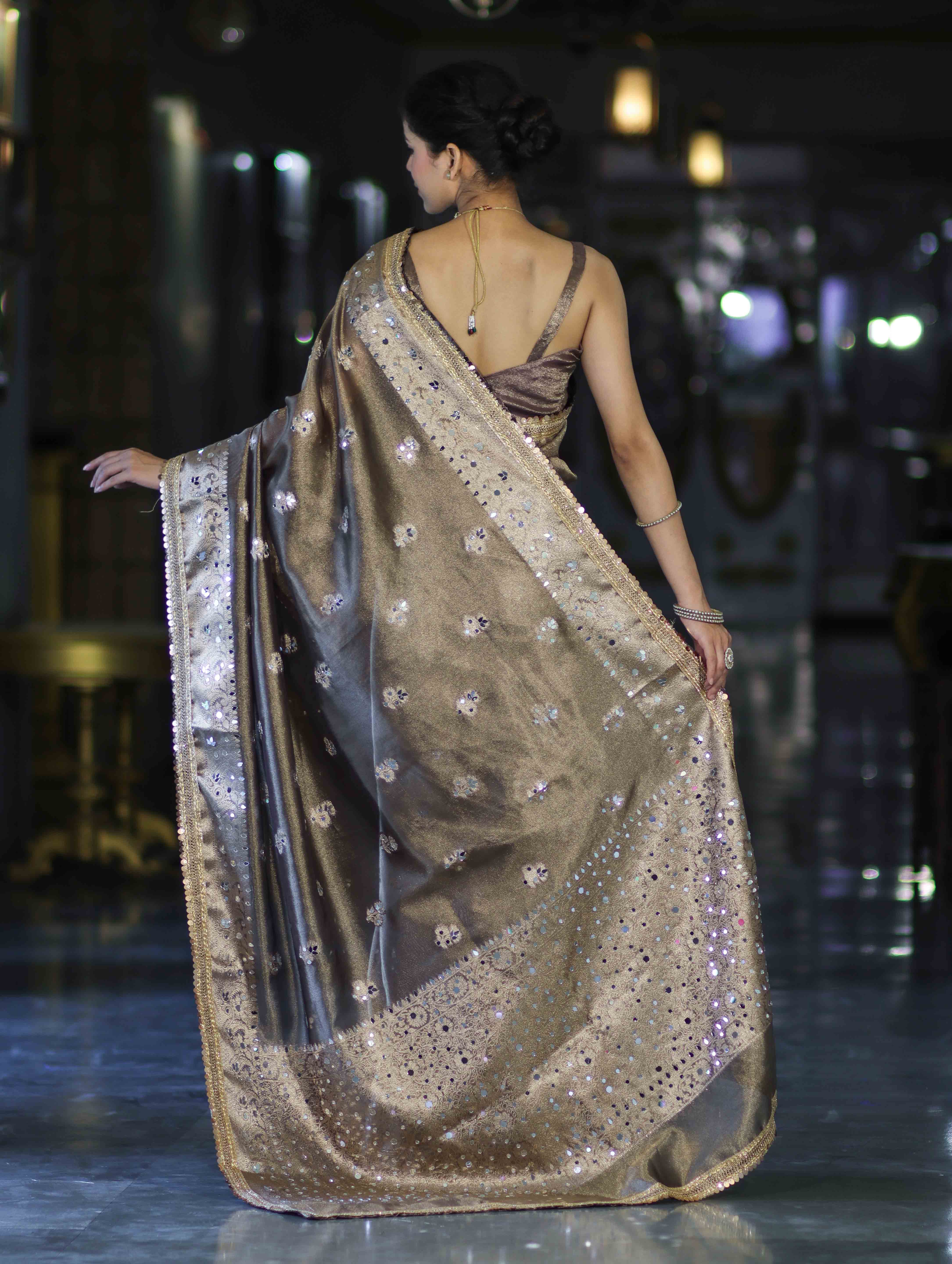 Banarasee Handwoven Tissue Zari Woven Mirror Work Saree-Earthy Brown