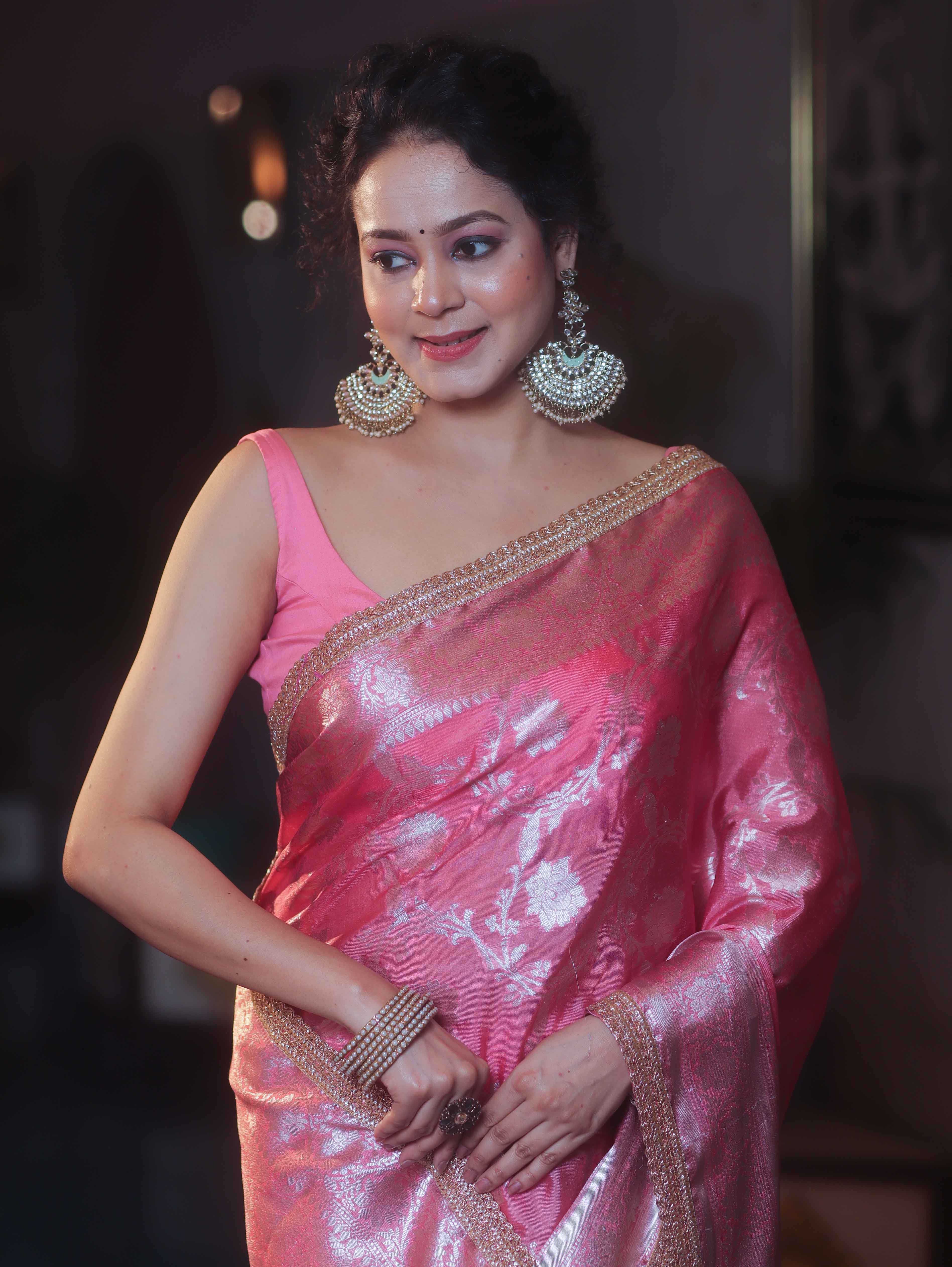 Banarasee Handwoven Semi Silk Saree With Silver Zari Jaal Design & Lace-Pink