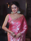 Banarasee Handwoven Semi Silk Saree With Silver Zari Jaal Design & Lace-Pink