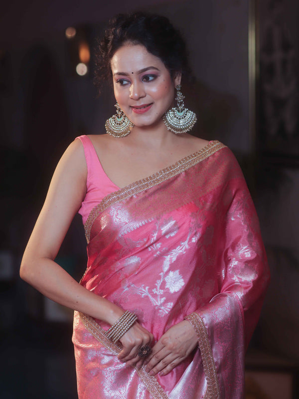 Banarasee Handwoven Semi Silk Saree With Silver Zari Jaal Design & Lace-Pink