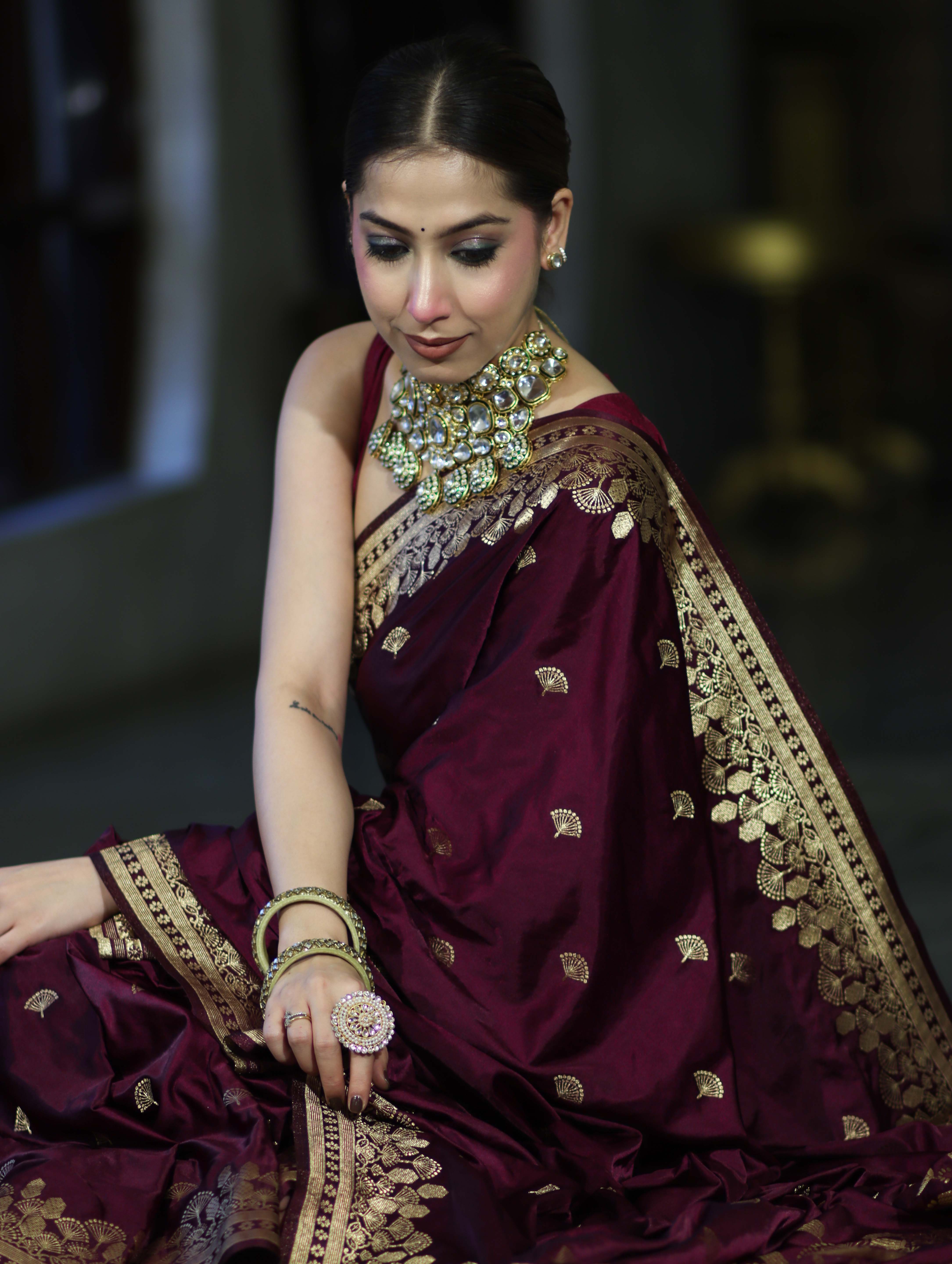 Banarasee Mashru Silk Saree With Zari Embroidery & Floral Border-Wine