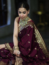Banarasee Mashru Silk Saree With Zari Embroidery & Floral Border-Wine