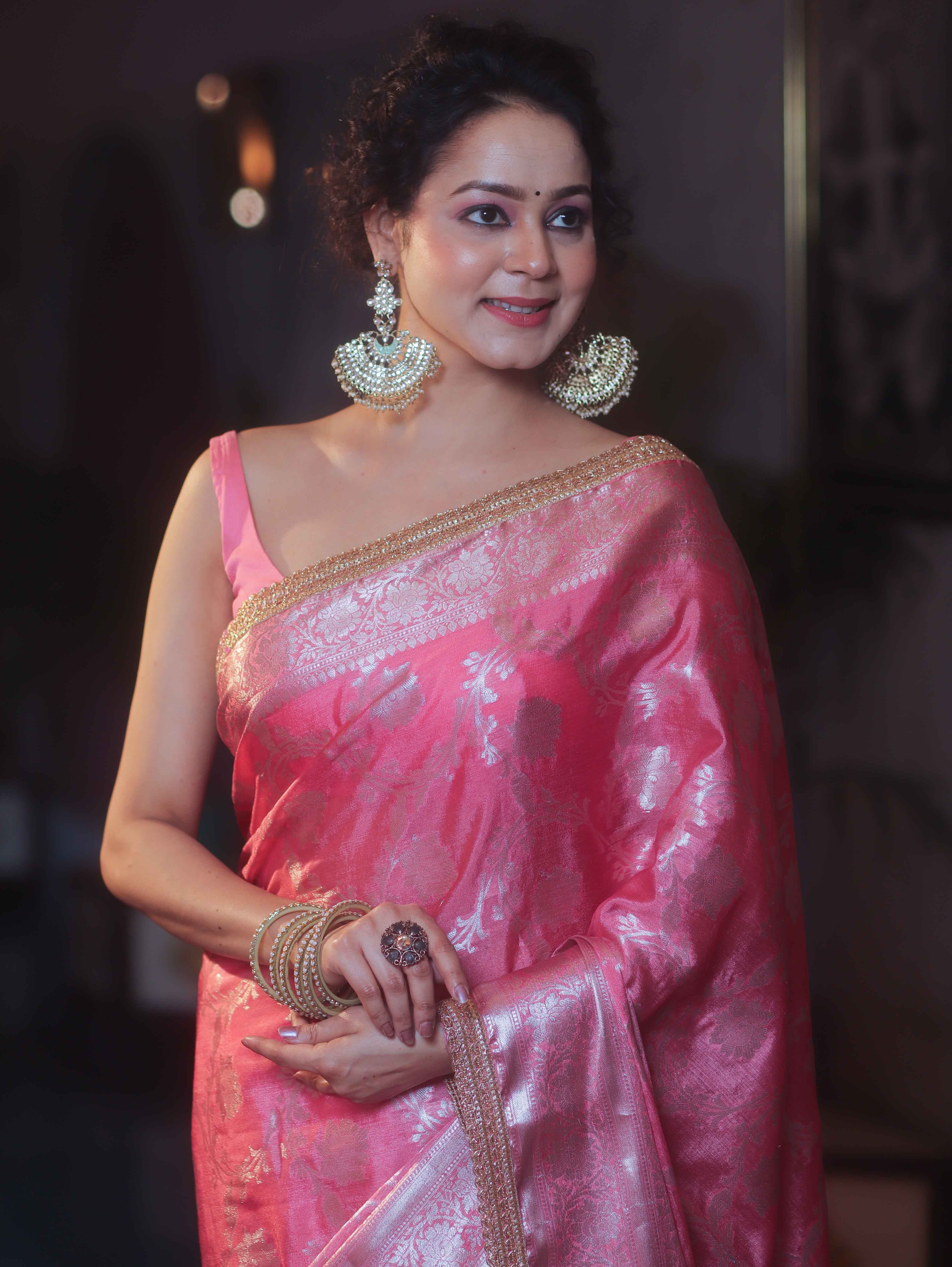 Banarasee Handwoven Semi Silk Saree With Silver Zari Jaal Design & Lace-Pink