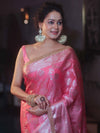 Banarasee Handwoven Semi Silk Saree With Silver Zari Jaal Design & Lace-Pink