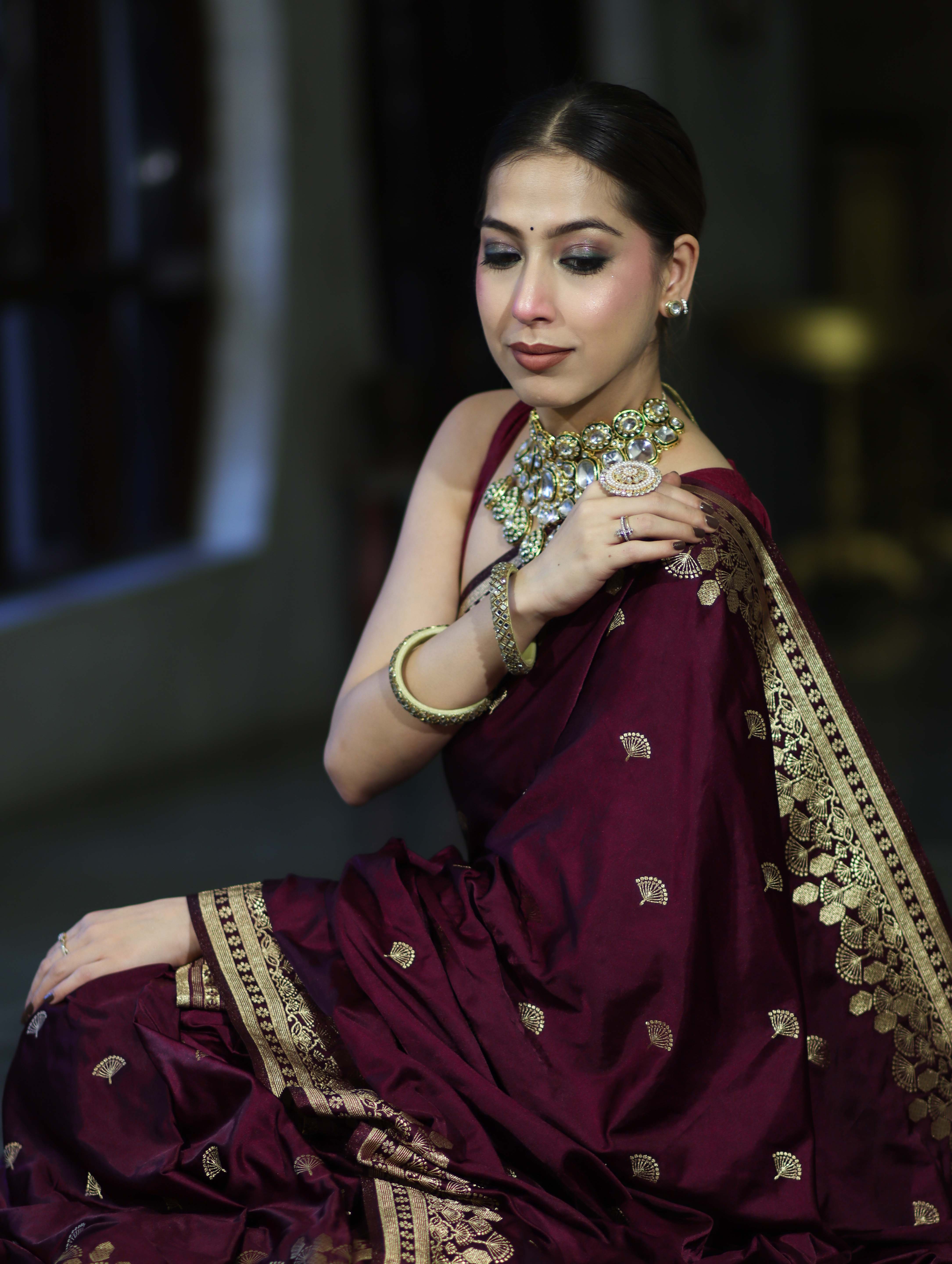 Banarasee Mashru Silk Saree With Zari Embroidery & Floral Border-Wine