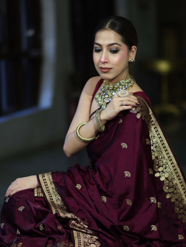 Banarasee Mashru Silk Saree With Zari Embroidery & Floral Border-Wine