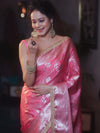 Banarasee Handwoven Semi Silk Saree With Silver Zari Jaal Design & Lace-Pink