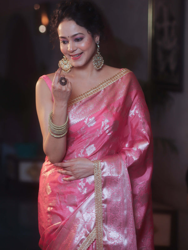Banarasee Handwoven Semi Silk Saree With Silver Zari Jaal Design & Lace-Pink