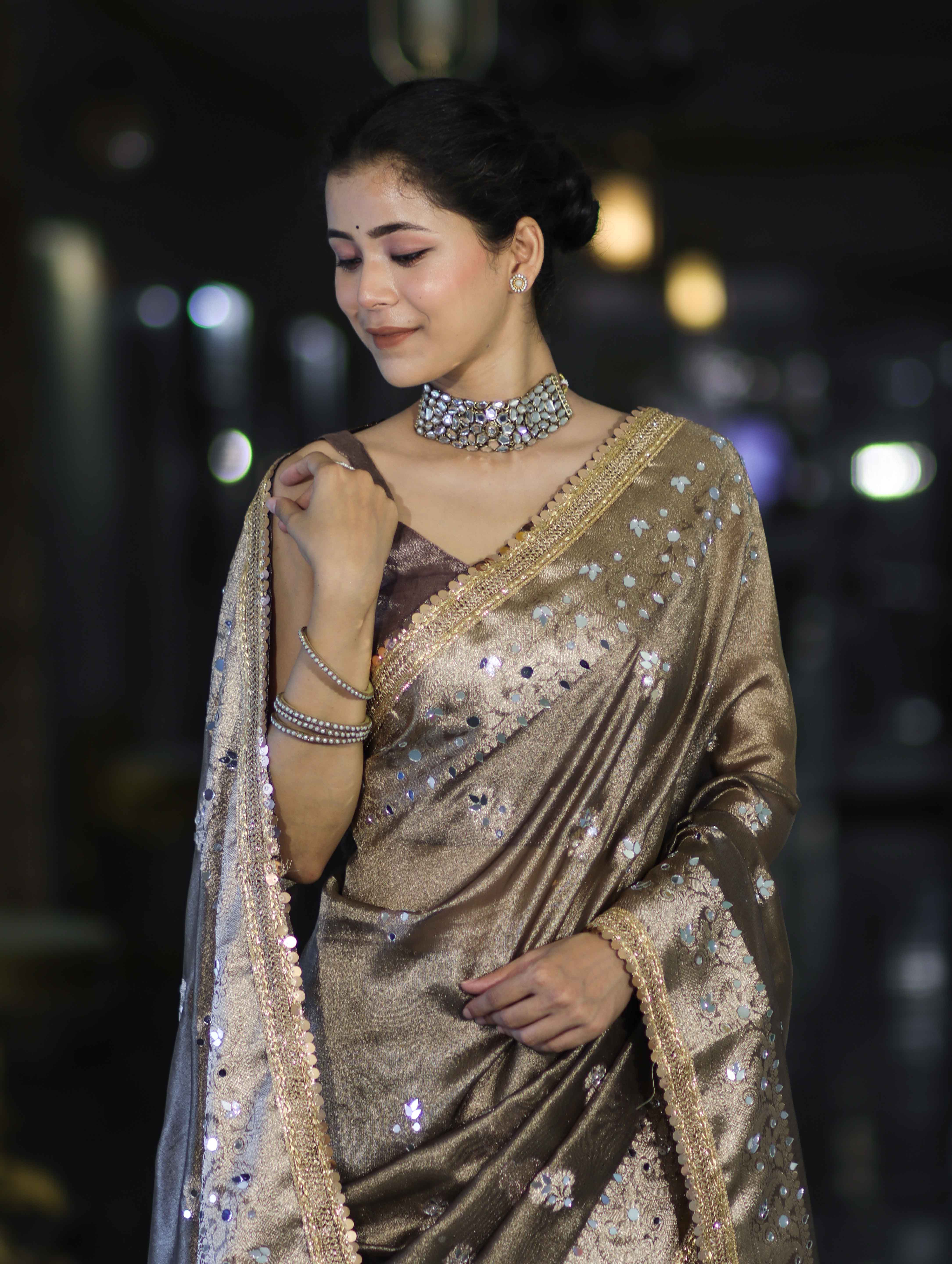 Banarasee Handwoven Tissue Zari Woven Mirror Work Saree-Earthy Brown