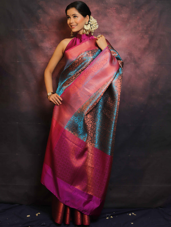 Banarasee Handwoven Broad Border Zari Jaal Design Tissue Saree-Blue & Pink