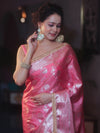 Banarasee Handwoven Semi Silk Saree With Silver Zari Jaal Design & Lace-Pink