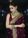 Banarasee Mashru Silk Saree With Zari Embroidery & Floral Border-Wine