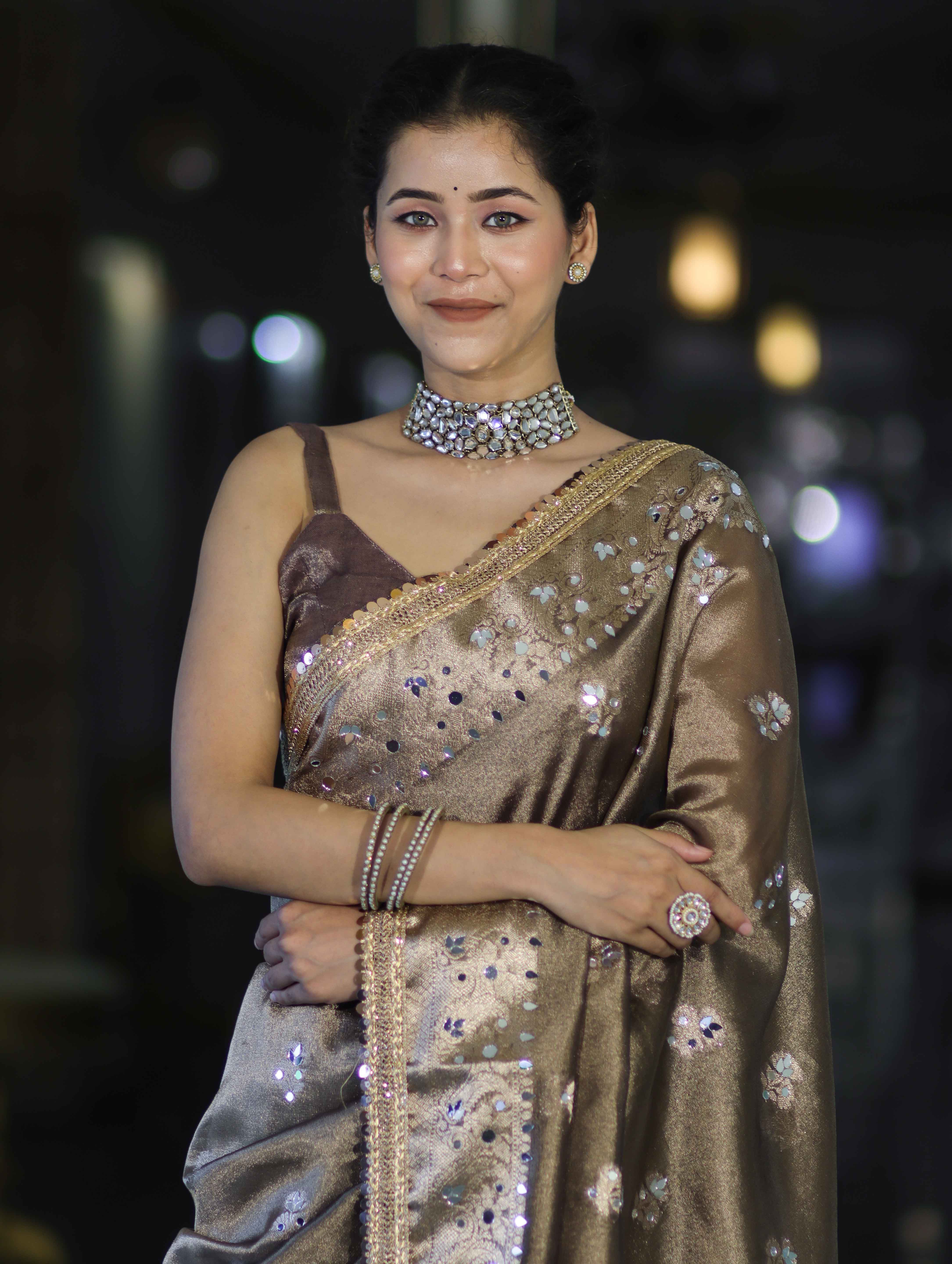 Banarasee Handwoven Tissue Zari Woven Mirror Work Saree-Earthy Brown