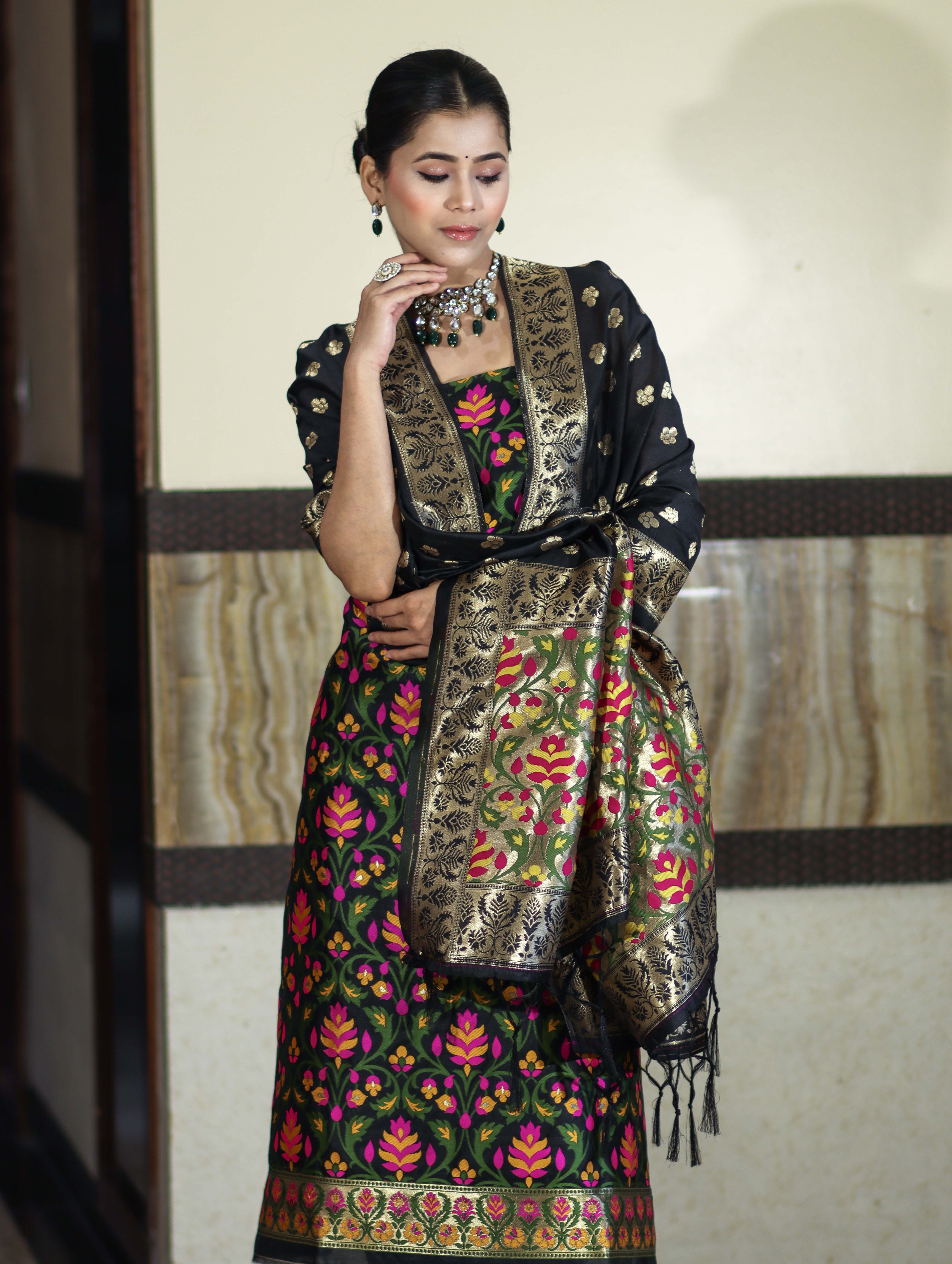 Banarasee Semi-Silk Zari & Resham Work Salwar Kameez Fabric With Dupatta Set-Black