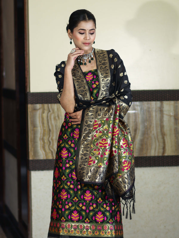 Banarasee Semi-Silk Zari & Resham Work Salwar Kameez Fabric With Dupatta Set-Black