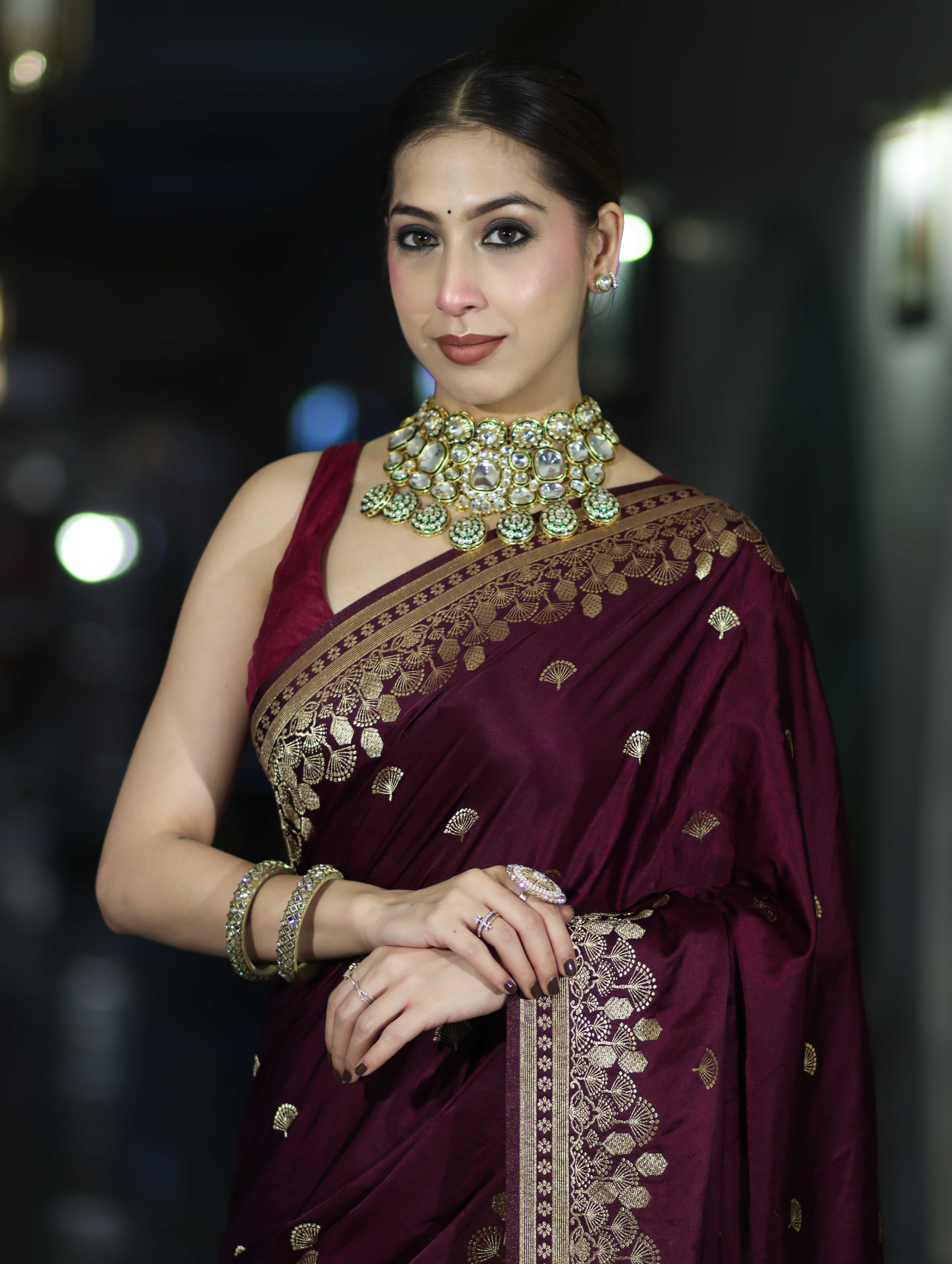 Banarasee Mashru Silk Saree With Zari Embroidery & Floral Border-Wine