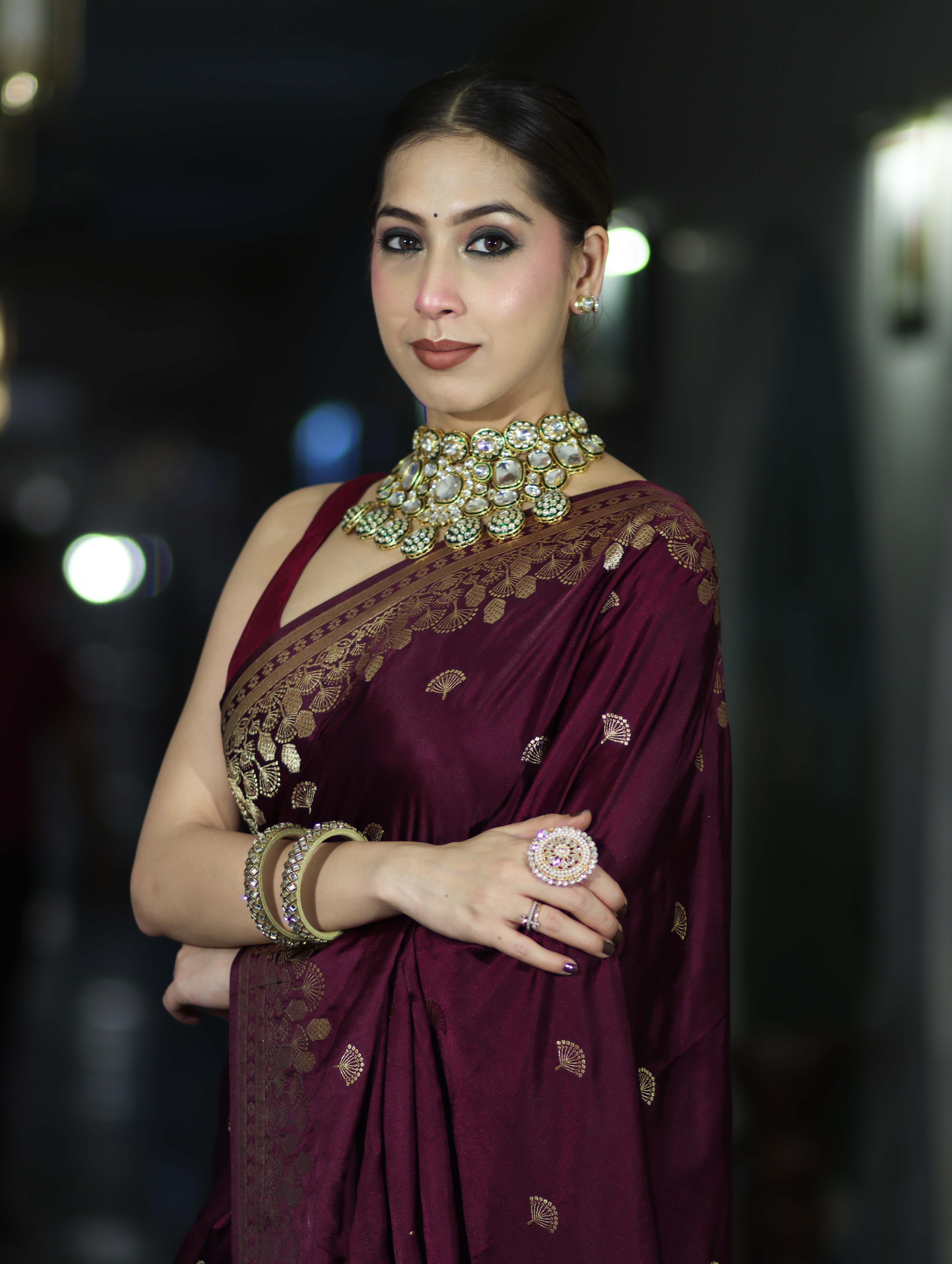 Banarasee Mashru Silk Saree With Zari Embroidery & Floral Border-Wine