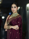 Banarasee Mashru Silk Saree With Zari Embroidery & Floral Border-Wine