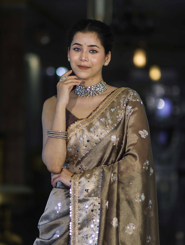 Banarasee Handwoven Tissue Zari Woven Mirror Work Saree-Earthy Brown