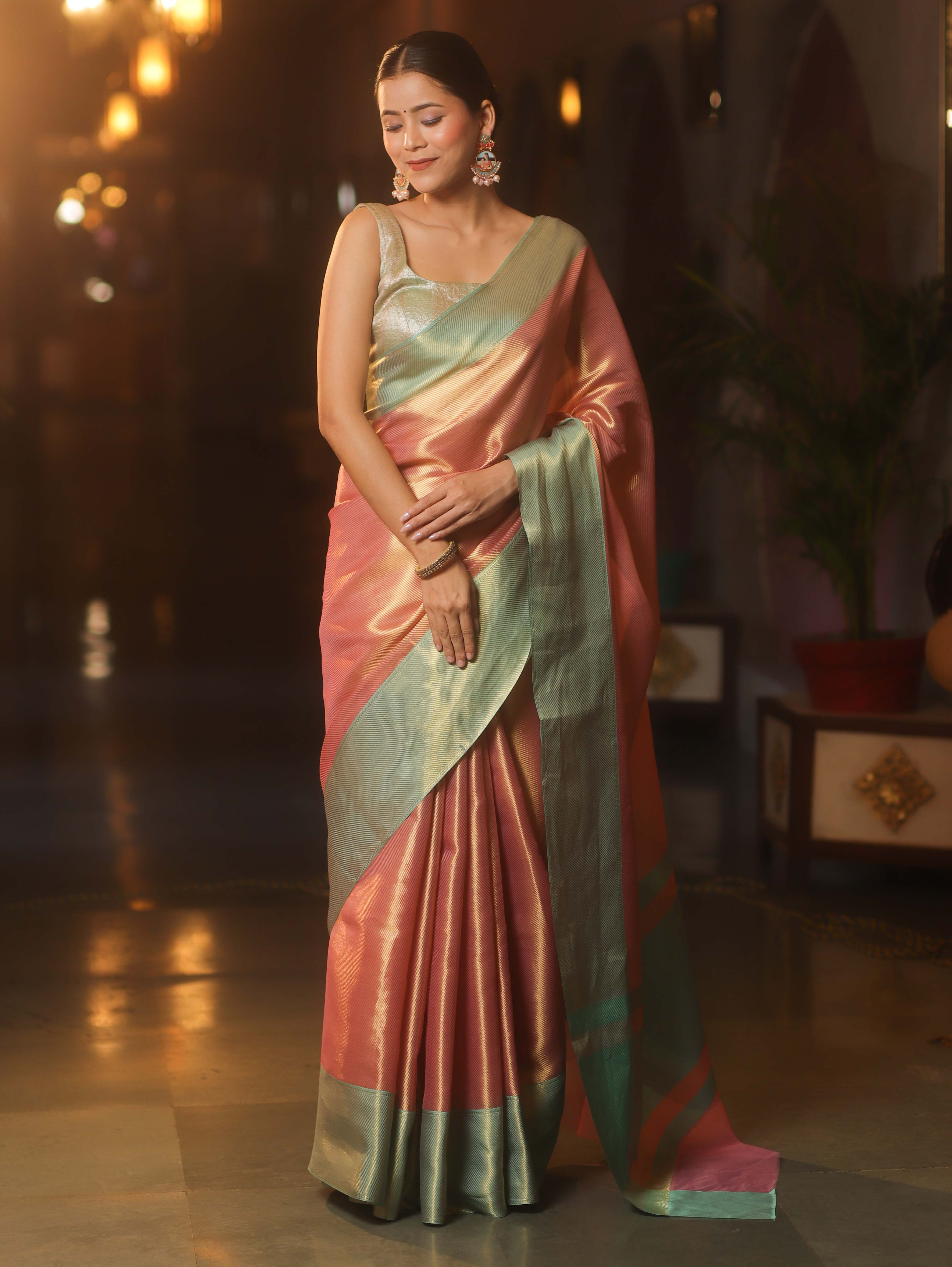 Banarasee Handwoven Tissue Zari Saree With Contrast Border-Pink & Green