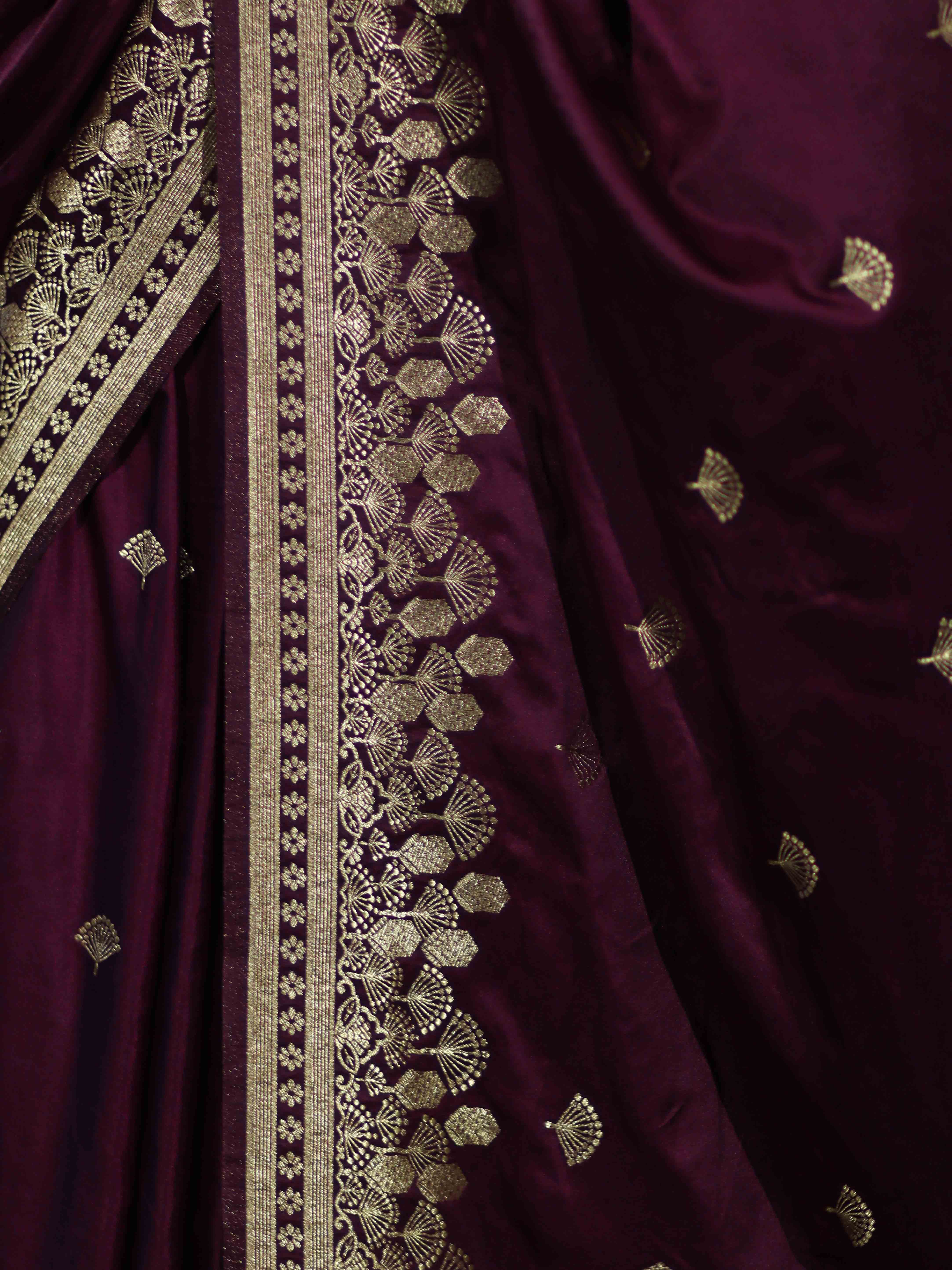 Banarasee Mashru Silk Saree With Zari Embroidery & Floral Border-Wine
