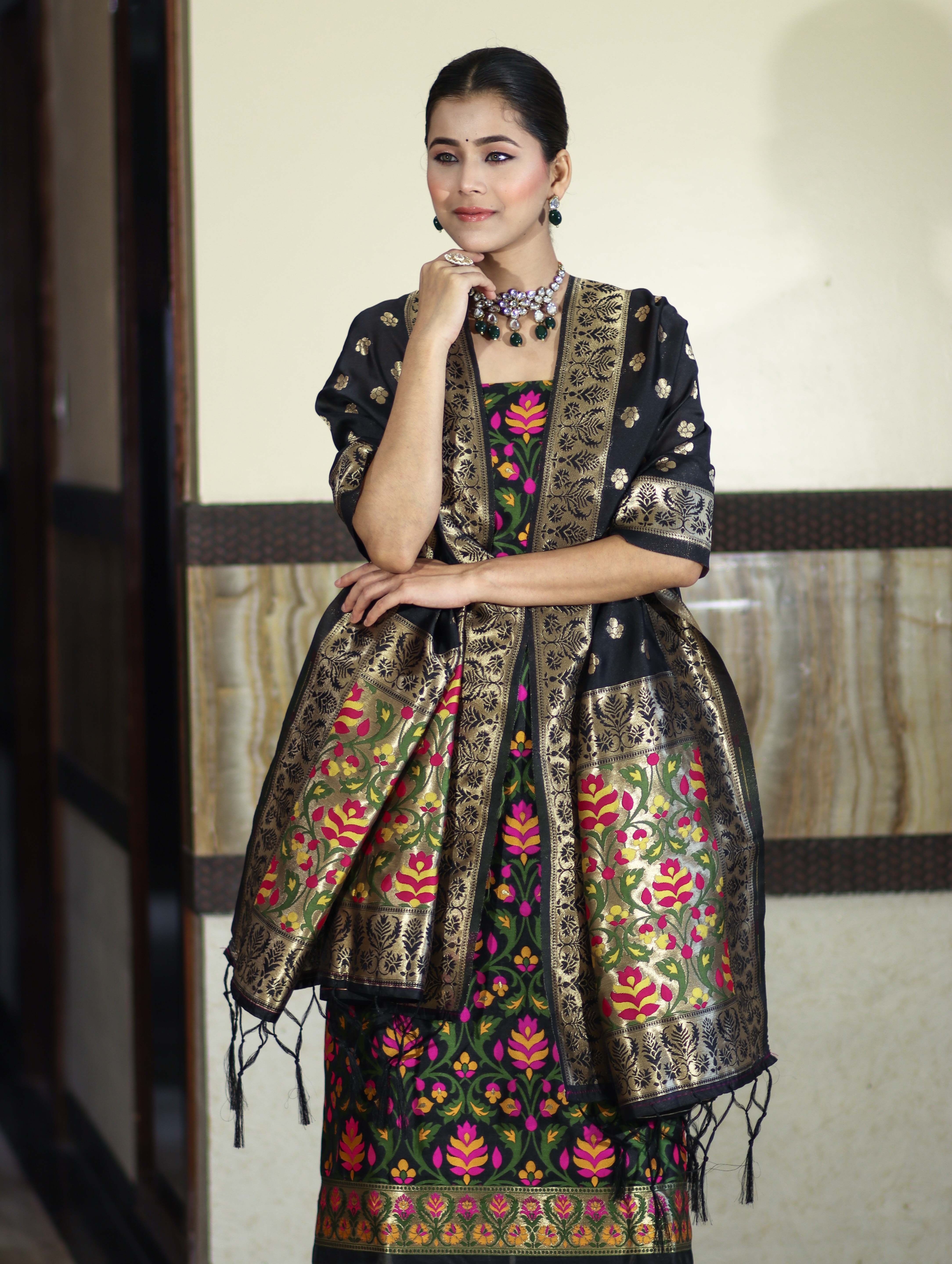 Banarasee Semi-Silk Zari & Resham Work Salwar Kameez Fabric With Dupatta Set-Black