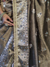 Banarasee Handwoven Tissue Zari Woven Mirror Work Saree-Earthy Brown